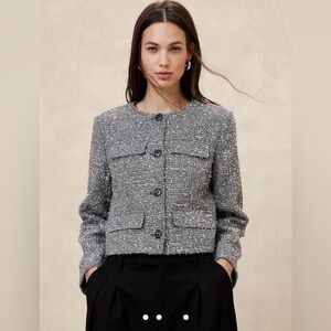 Banana Republic Tinsel Tweed Silver Blazer Size XL NWOT Classic Work Black Tie